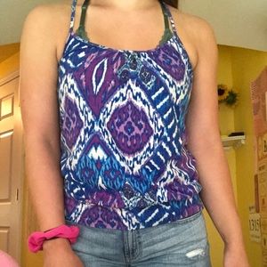 Fun patterned purple, blue and white shirt